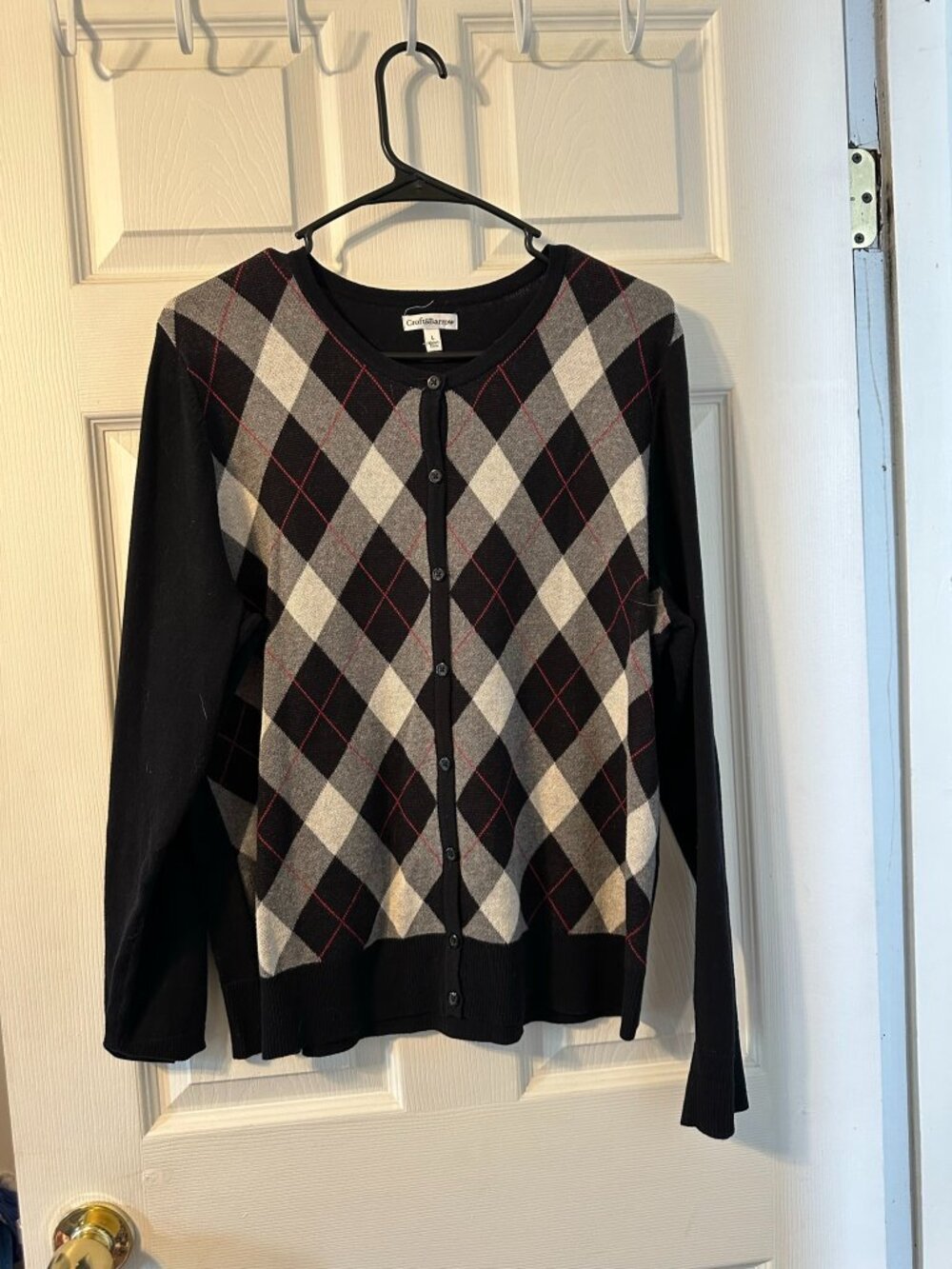 Women's Croft & Barrow Navy and Gray Argyle Cardigan Sweater. Size Large.